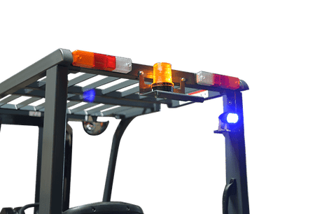 A detailed view of the top of the EKKO EK25GHB forklift, highlighting the overhead guard and a flashing blue safety light and orange strobe light.