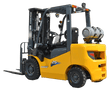 Angled front view of the EKKO EK25LP Liquid Propane Forklift, showcasing its orange and dark gray body with a lifted carriage and forks.