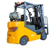 A side view of the yellow and grey EKKO EK25SLP Liquid Propane Forklift with a 5000 lbs load capacity and cushion tires, set against a solid white background.