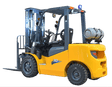 A three-quarter view of the yellow and grey EKKO EK30LP Liquid Propane Forklift with a 6000 lbs load capacity, showcasing its pneumatic tires.