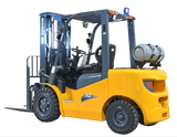 A three-quarter view of the yellow and grey EKKO EK30LP Liquid Propane Forklift with a 6000 lbs load capacity, showcasing its pneumatic tires.