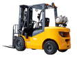 A three-quarter view of the yellow and grey EKKO EK35LP Liquid Propane Forklift with a 7,000 lbs capacity and solid pneumatic tires.
