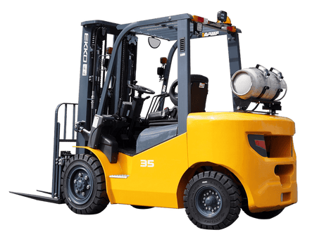 A three-quarter view of the yellow and grey EKKO EK35LP Liquid Propane Forklift with a 7,000 lbs capacity and solid pneumatic tires.