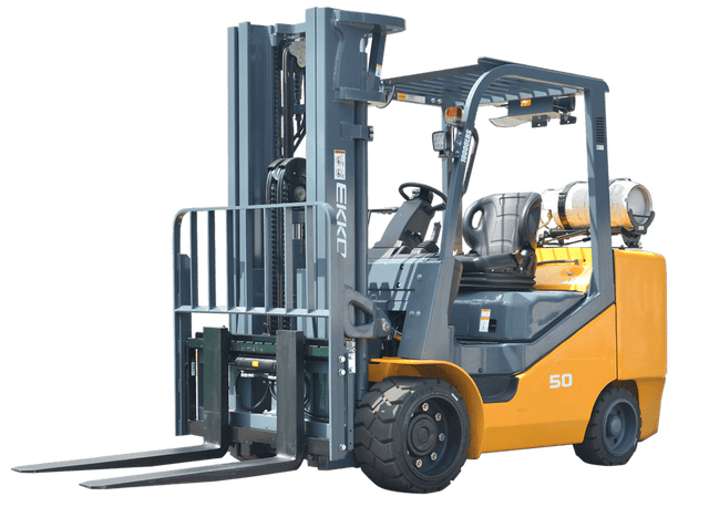 A side profile of the yellow and grey EKKO EK50LP Liquid Propane Forklift with a 10,000 lbs load capacity.