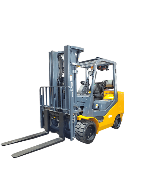 A three-quarter view of the yellow and grey EKKO EK50LP Liquid Propane Forklift with its propane tank, against a transparent background.