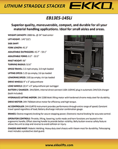 EKKO Full Powered Straddle Stacker EB13ES-145LI