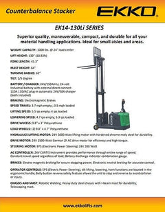 EKKO Lithium Counterbalanced Walkie Stacker SIDE-SHIFTING EK14S-130LI