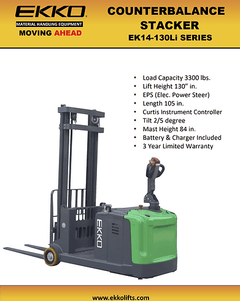 EKKO Lithium Powered Counterbalanced Walkie Stacker EK14-130LI