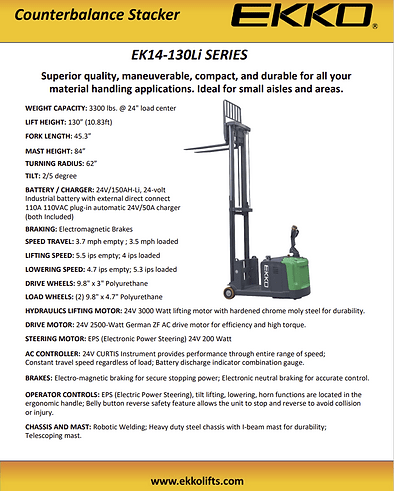 Ekko Lithium Powered Counterbalanced Walkie Stacker EK14-130LI