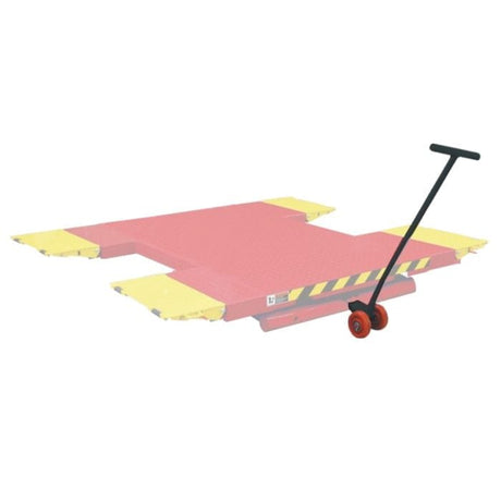 A yellow and red AMGO EM06 Portable Mid-Rise Scissor Lift is shown on a white background with a yellow and red AMGO EM002 Dolly Kit attached to the lift, highlighting its purpose for easy relocation of the lift.