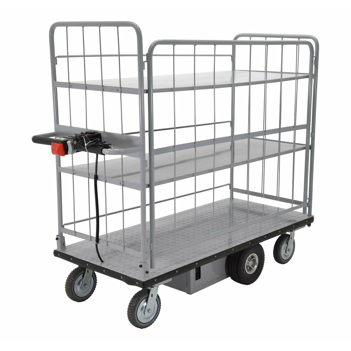 Vestil Steel Electric Material Handling Cart with Sides 2 Shelves 28 In. x 60 In. 500 Lb. Capacity Gray-EMHC-2860-4