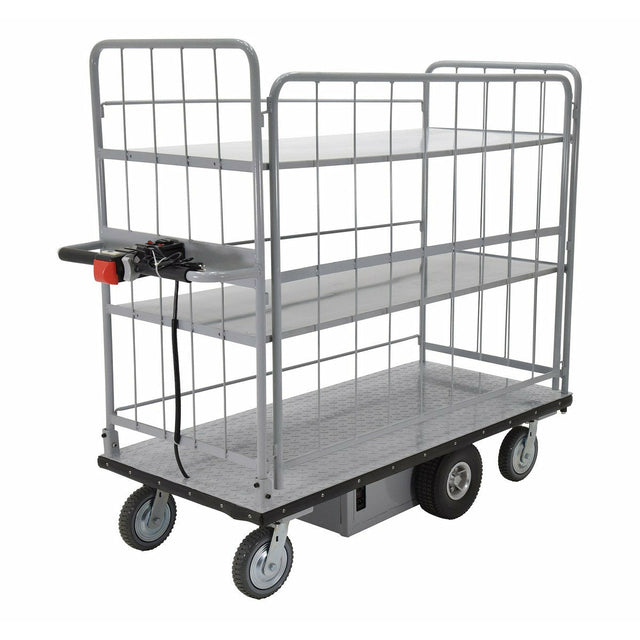 Vestil Steel Electric Material Handling Cart with Sides 2 Shelves 28 In. x 60 In. 500 Lb. Capacity Gray-EMHC-2860-4