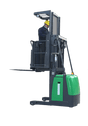 A full view of the EKKO EOP70-LI Electric Order Picker on a transparent background with a person standing on the platform, showing its triple mast and compact design.