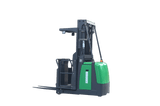 The EKKO EOP70-LI Electric Order Picker is featured on a transparent background, showcasing its green and gray body, forks, and overhead guard.