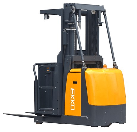Angled side view of the EKKO EOP70 Electric Order Picker, highlighting its orange and dark gray body, forks, and ergonomic handle.