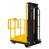 A yellow and black EKKO EOP20-157 Order Picker with a 4400-pound load capacity is shown at an angle on a white background.