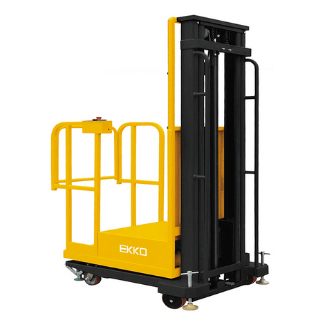 A yellow and black EKKO EOP20-157 Order Picker with a 4400-pound load capacity is shown at an angle on a white background.