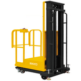 A yellow and black EKKO EOP20-157 Order Picker with a 4400-pound load capacity is shown at an angle on a white background.