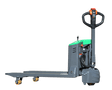 A side view of the gray and green EKKO EP18JLI Lithium Iron Phosphate electric walkie pallet jack against a checkered background, with its forks, handle, and wheels visible.