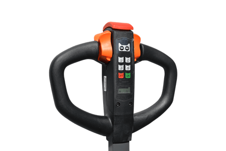 A close-up view of the black and orange ergonomic handle on the EKKO EP18JLI Lithium Iron Phosphate electric walkie pallet jack, highlighting the control buttons and a digital display.