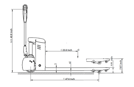A detailed, scaled diagram showing the side dimensions of the EKKO EP18JLI Lithium Iron Phosphate pallet jack, including a 47.6-inch wheelbase and 7.8-inch lifting height.