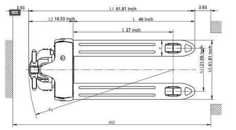 A technical, scaled diagram of the EKKO EP18JLI Lithium Iron Phosphate pallet jack from a top-down view, detailing measurements like a 61.81-inch overall length and 27-inch fork width.