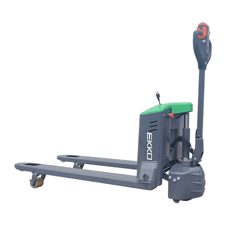 An EKKO EP18JNLI Electric Narrow Walkie Pallet Jack with a 24V/40Ah Lithium Iron Phosphate battery is positioned at an angle on a transparent, checkerboard background.