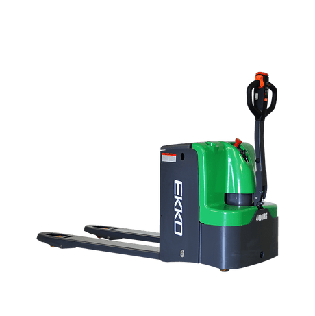 An EKKO EP20E-Li Electric Walkie Pallet Jack with a 24V/100Ah lithium battery on a black and white checkerboard background.