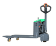 A side view of the gray and green EKKO EP20JLI Lithium Iron Phosphate electric walkie pallet jack against a checkered background, with its forks, handle, and wheels visible.