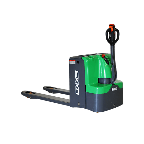 An EKKO EP25E-Li Electric Walkie Pallet Jack with a 24V/150Ah lithium battery is shown at a slight angle on a transparent, checkerboard background.