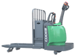 The EKKO EP30A-Li lithium rider pallet jack, a gray and green industrial vehicle, is shown from a side profile view on a transparent background with its forks lowered.