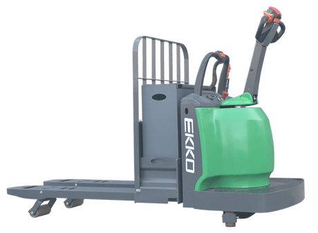 The EKKO EP30A-Li lithium rider pallet jack, a gray and green industrial vehicle, is shown from a side profile view on a transparent background with its forks lowered.