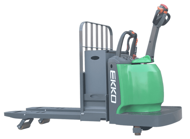 The EKKO EP30A-Li lithium rider pallet jack, a gray and green industrial vehicle, is shown from a side profile view on a transparent background with its forks lowered.