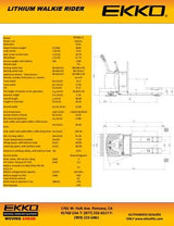 A product sheet for the EKKO EP30A-Li lithium walkie rider, with a technical diagram showing the dimensions and a list of specifications, including a 6600 lbs capacity and 24V lithium battery.