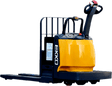 The EKKO EP30A rider pallet jack, a black and yellow industrial vehicle, is shown from a rear three-quarter view with its forks lowered on a transparent background.