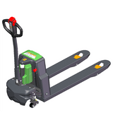 An EKKO EPC20LI Full-Powered Lithium Pallet Jack with a 4000-pound load capacity is shown at an angle on a transparent, checkerboard background.