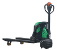 A detailed side profile of the green and gray EKKO EPF15LI Lithium Iron Phosphate walkie pallet jack, with its forks, drive wheel, and ergonomic handle clearly visible against a transparent background.