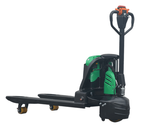 A detailed side profile of the green and gray EKKO EPF15LI Lithium Iron Phosphate walkie pallet jack, with its forks, drive wheel, and ergonomic handle clearly visible against a transparent background.