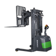 An EKKO ER15-177Li Walkie Reach Truck with a 3,300 lbs load capacity on a transparent, checkerboard background. The forks are elevated and extended.