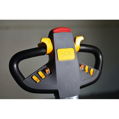 A close-up view of the ergonomic handle and controls of the EKKO ER15-189Li Walkie Reach Truck.