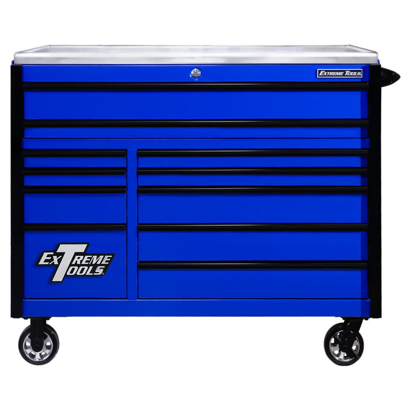 Extreme Tools Exq Series 55Inw X 30Ind 11 Drawer Professional Roller Cabinet   300 Lbs Slides  Blue With Black Ex Quick Release Drawer Pulls And Trim EXTEX5511RCQBLBK