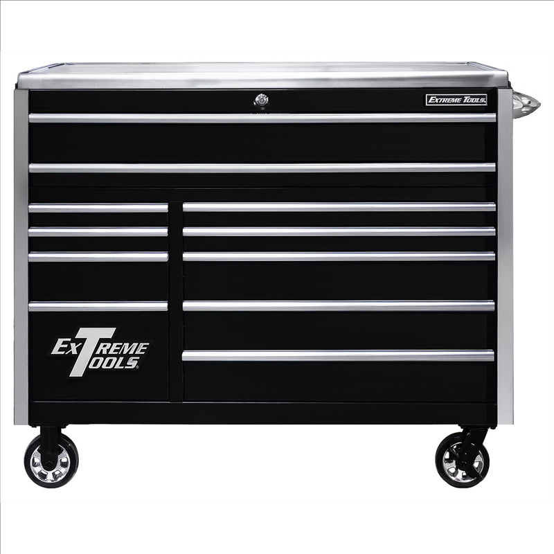 Extreme Tools Exq Series 55Inw X 30Ind 11 Drawer Professional Roller Cabinet  300 Lbs Slides  Black With Chrome Ex Quick Release Drawer Pulls And Trim EXTEX5511RCQBKCR