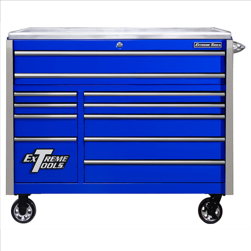 Extreme Tools Exq Series 55Inw X 30Ind 11 Drawer Professional Roller Cabinet  Ex Quick Release Drawer Pulls  300 Lbs Slides  Blue With Chrome Handles And Trim EXTEX5511RCQBLCR