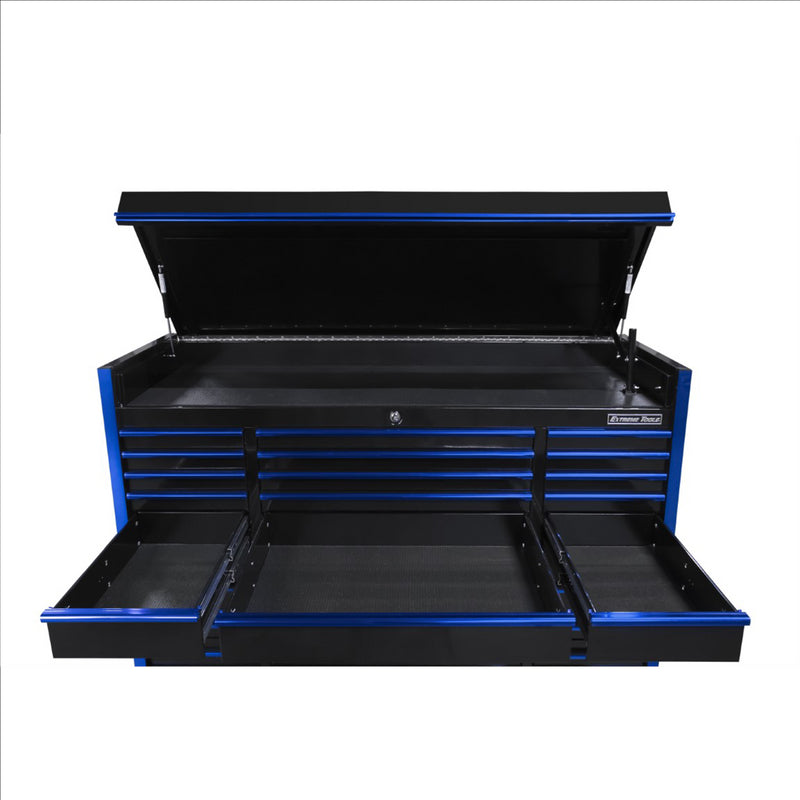 Extreme Tools Exq Series 72In W X 31In D 15-Drawerr Triple Bank  Pro Top Chest  Black With Blue Qr Drawer Pulls EXTEX7215CHQBKBL