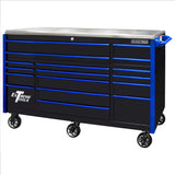 Extreme Tools Exq Series 72"W X 30"D 17-Drawer Pro Triple Bank Roller Cabinet Black W/ Blue Quick Release Drawer Pulls EXTEX7217RCQBKBL