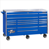 Extreme Tools Exq Series 72"W X 30"D 17-Drawer Pro Triple Bank Roller Cabinet Blue W/ Chrome Quick Release Drawer Pulls EXTEX7217RCQBLCR