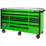 Extreme Tools Exq Series 72"W X 30"D 17-Drawer Pro Triple Bank Roller Cabinet Green W/ Black Quick Release Drawer Pulls EXTEX7217RCQGNBK