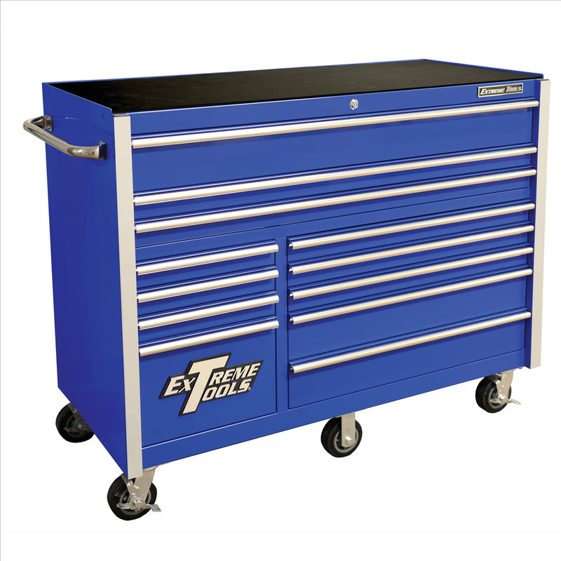 Extreme Tools Rx Series 55In. W X 25In. D 12 Drawer Roller Cabinet, 150 Lbs. Slides, Blue W Chrome Drawer Pulls And Trim EXTRX552512RCBLCR-X