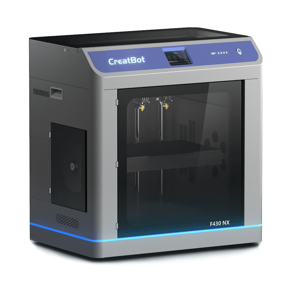 An angled front view of the CreatBot F430 NX 3D printer on a checkered background, showing the dual-nozzle system and the full-enclosed chamber.