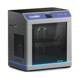 An angled front view of the CreatBot F430 NX 3D printer on a checkered background, showing the dual-nozzle system and the full-enclosed chamber.